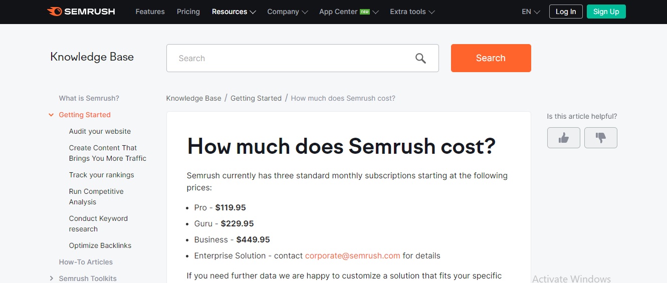 pricing plans for Semrush