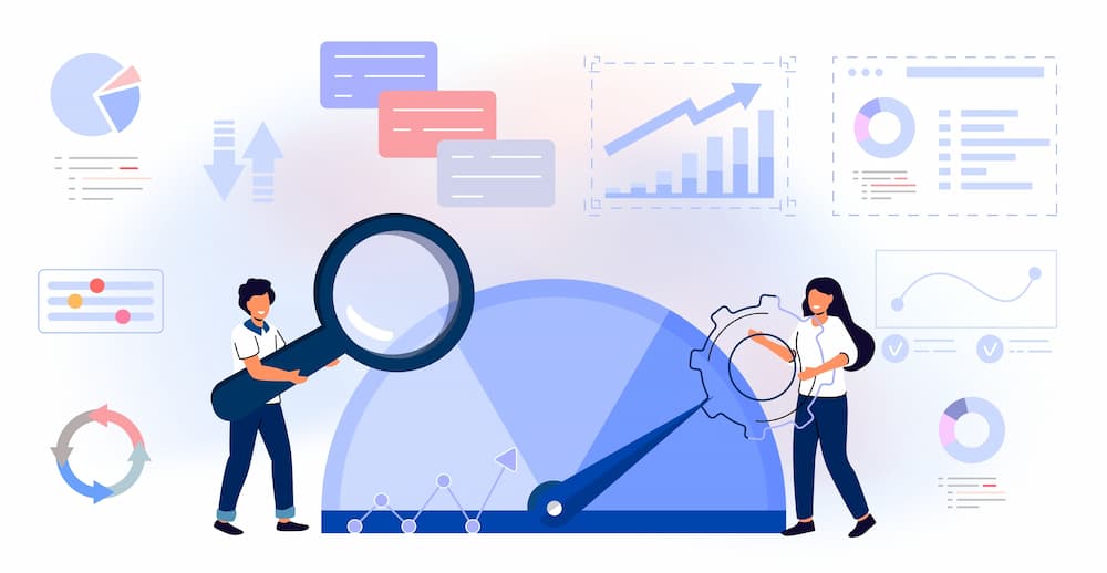 Illustration of people comparing business tools