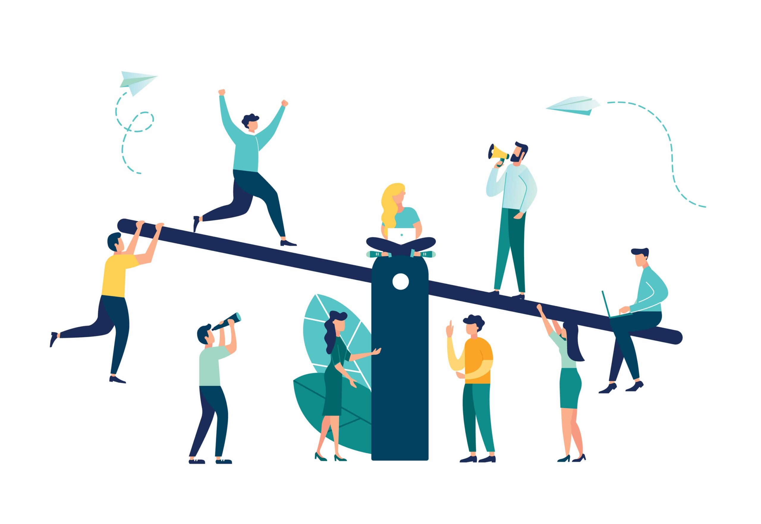 Illustration-of-people-on-and-under-large-teeter-totter-structure