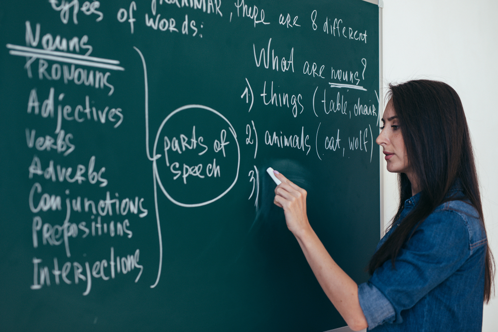 Woman-writing-parts-of-speech-on-a-chalkboard