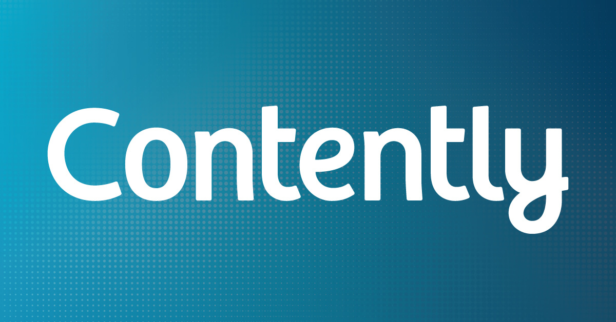 Contently logo in white text on a blue gradient background with dot pattern