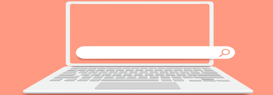 white laptop computer with overlaid search bar on a salmon colored background