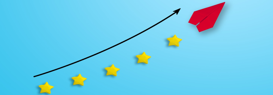 Five stars make up the points in an increasing upward curve and are led by a red kite.