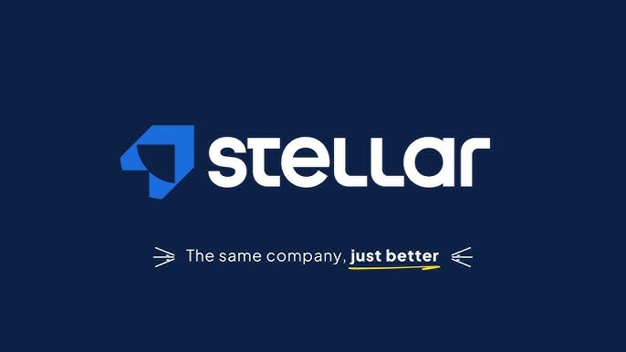 Stellar logo with tagline The same company, just better on a dark blue background