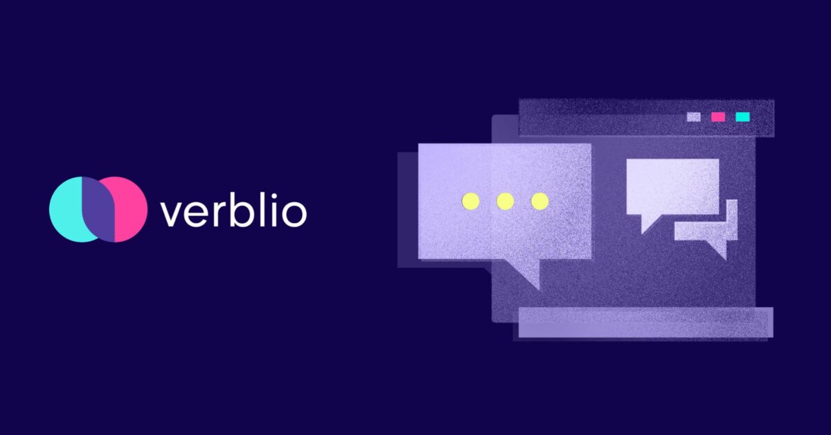Verblio company name and logo flanked by several chat and speech bubbles