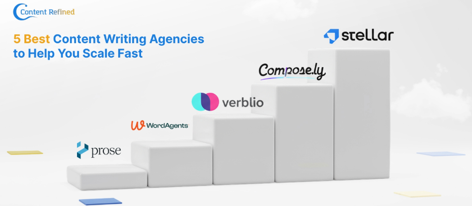 White steps increase from left to right. On top of each step sits one of the logos of the five companies mentioned in the article.
