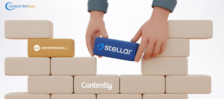 Cartoon hands lay bricks that form a wall. Some of the bricks contain the names and logos of the companies mentioned in the article. The hands are holding the brick labeled STELLAR Content.