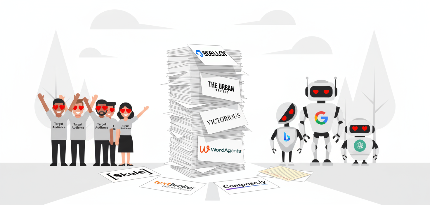 A group of enthusiastic people stand on one side while a group of enthusiastic robots representing major search engines stand on the other admiring content from the companies mentioned in the article.